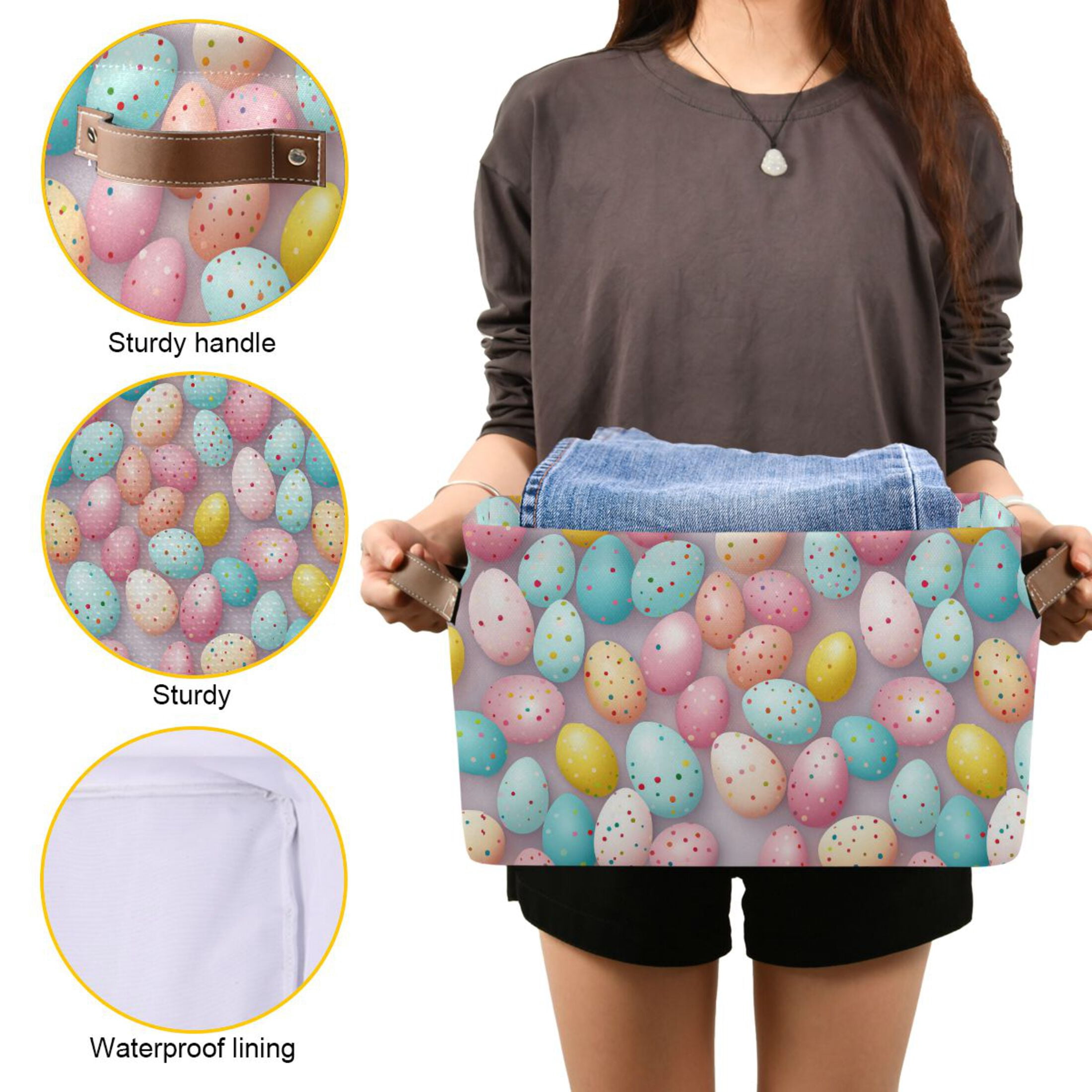 Easter Eggs with Colorful Dots Storage Bins with Handle Fabric Organizer Basket Foldable Box 2 Pack 14.2x10.2x8.3