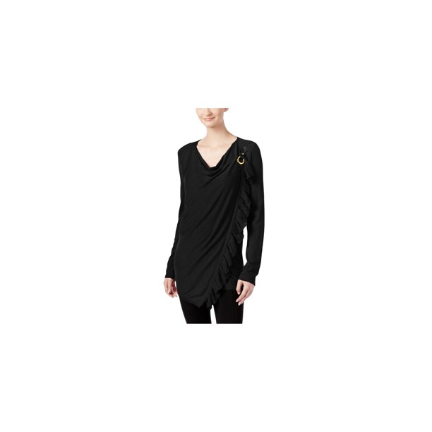 INC suéter de punto cruzado con volantes para mujer, negro, XS