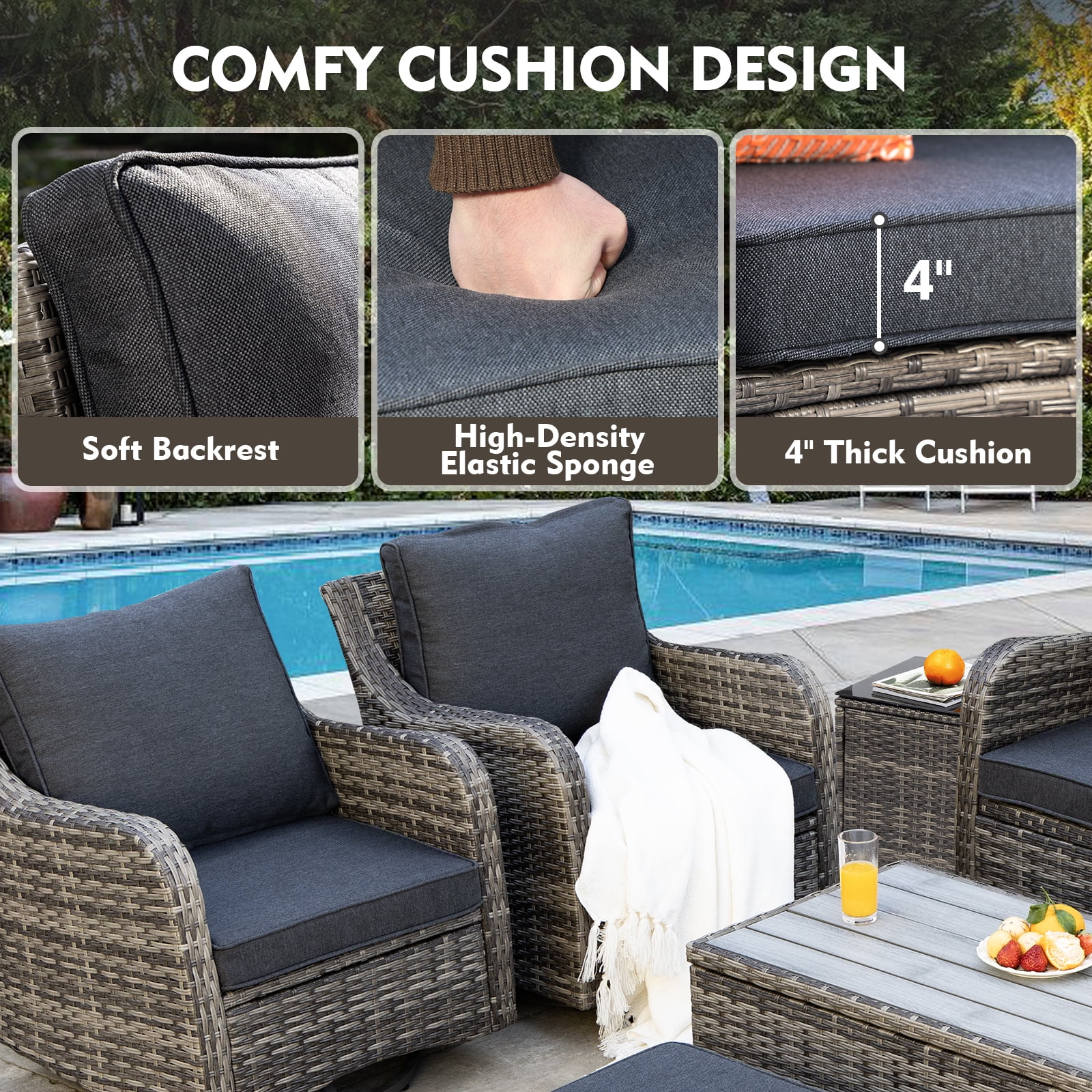 MEISSALIVVE 6 Pieces Patio Furniture Set with 43" Fire Pit Table, Wicker Patio Conversation Set with Swivel Rocking Chairs, Outdoor Patio Set for Lawn Backyard Porch (Grey)