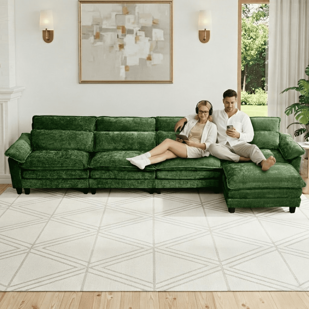 Howcool 148" Modular Sectional Sofa , 4 Seater L-Shaped Cloud Couch with Movable Ottoman, USB Charging Ports & Side Pockets, Sectional couchs for Living Room,Chenille Fabric,Green