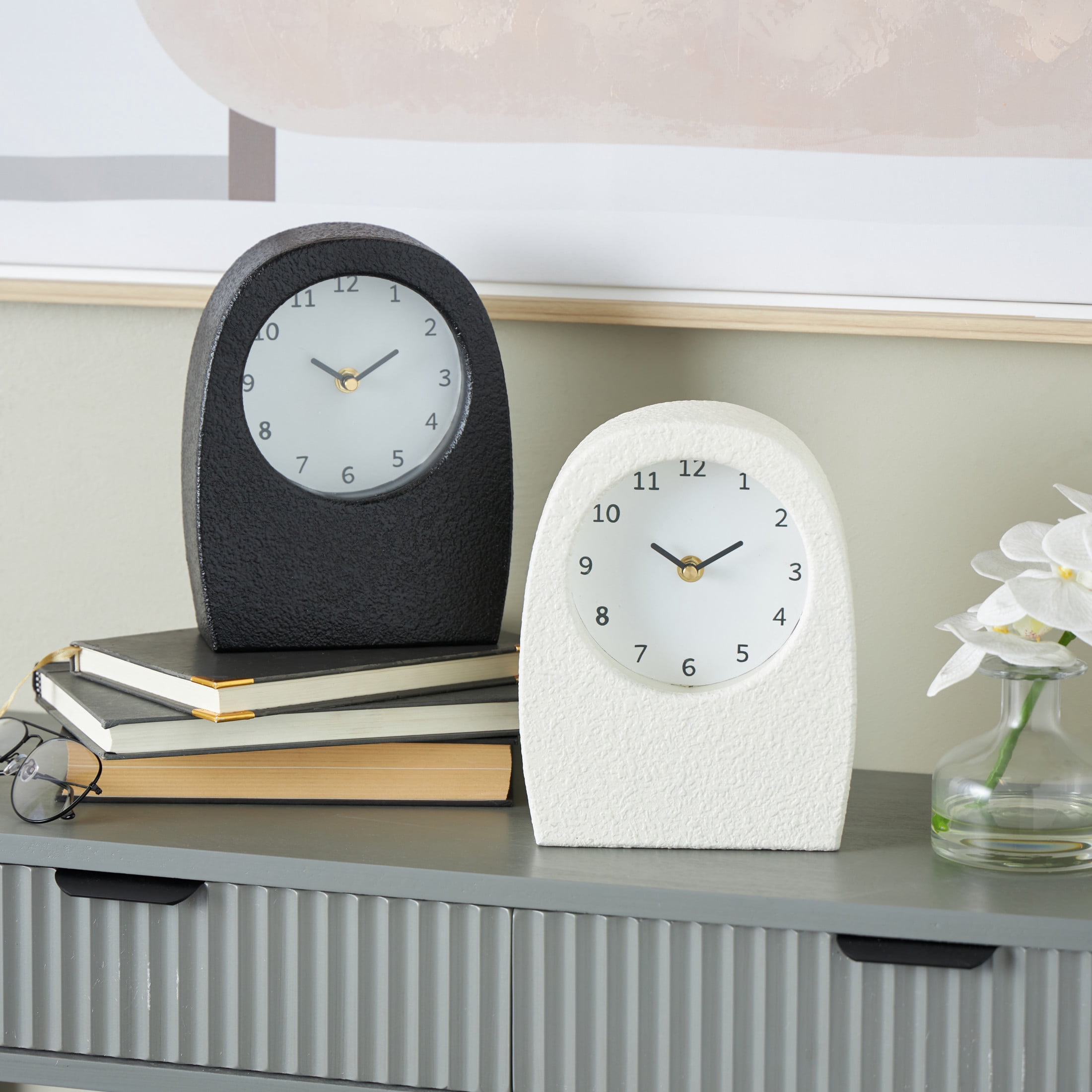 DecMode 9" Multi Colored Wood Textured Clock with Gold Accents, Set of 2