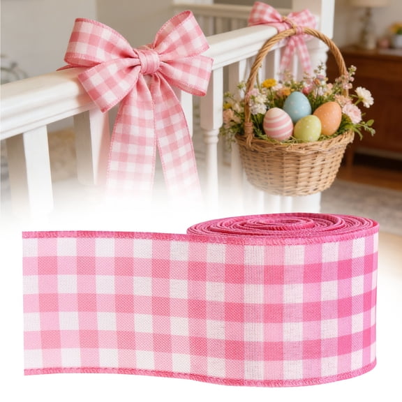 FENGGHAO 5 Yard 2.5 Inch Easter Wired Edge Ribbon Pink Plaid Pattern Ribbon For Wreath Bow DIY Crafts Spring Decor