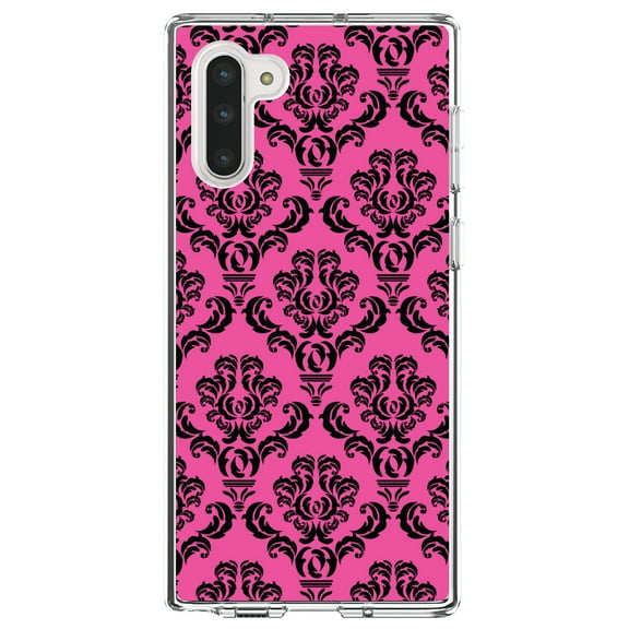 DistinctInk Clear Shockproof Hybrid Case for Samsung Galaxy Note 10 (6.3" Screen) - TPU Bumper, Acrylic Back, Tempered Glass Screen Protector - Pink Black Damask Pattern - Floral Damask Pattern