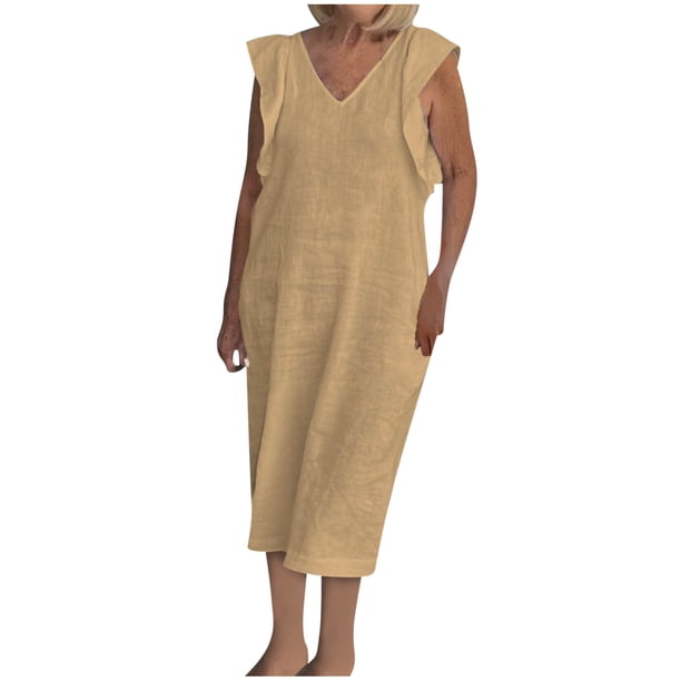 Vestido de Verano para las Mujeres sin Mangas Cuello en V con Mangas Voladoras, Color Sólido Y Vestido Sexy Fluido para las Mujeres
