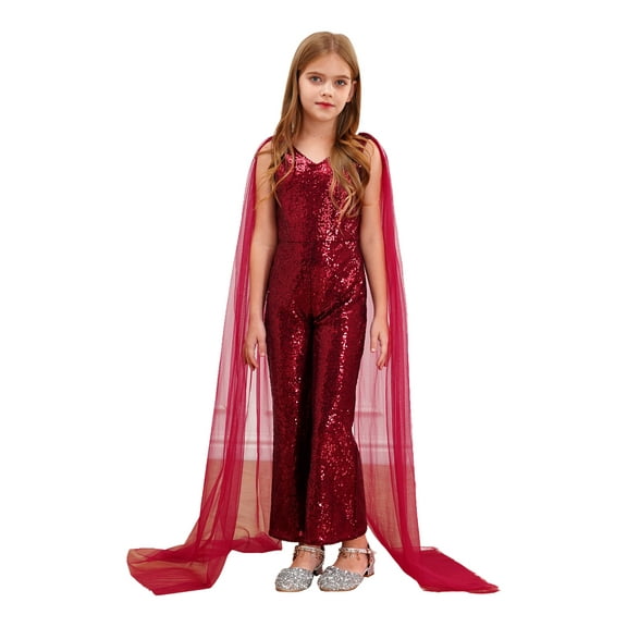 vastwit Kids Girls Sparkly Sequin Romper V Neck Long Tulle Cape Sleeve Leotard Jumpsuit Performance Burgundy 14
