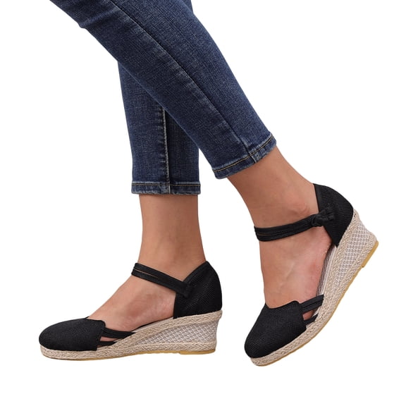 Womens Espadrilles Wedge Sandals Platform Cutout Closed Toe Adjustable Ankle Straps High Heeled Wedges Summer Lightweight Linen Dress Shoes Black Size 6.5