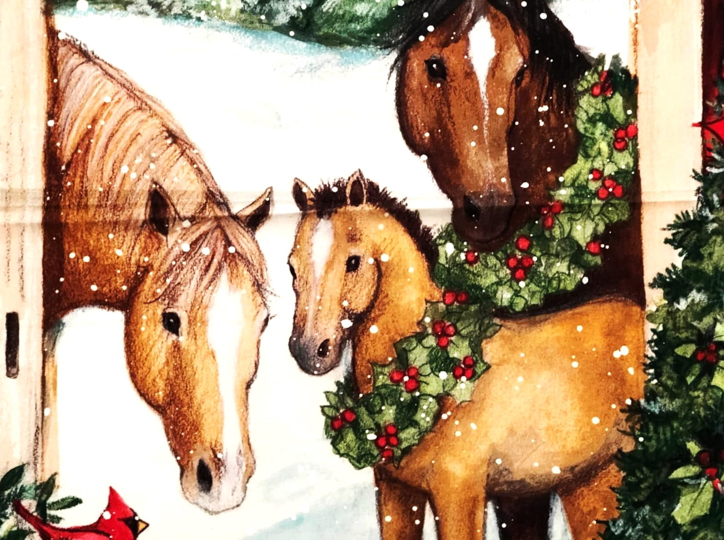 1 Panel - Merry Christmas Horse & Pony Cotton Fabric Panel (Great for Quilting, Sewing, Craft Projects, Wall Hangings, and More) 36" X 44"