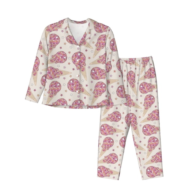 Balery Sparkling Ice Cream Conjunto de Pijama con Estampado para Mujer, Conjunto de Dos Piezas con Manga Larga, Ropa de Dormir Suave con Bolsillos, Pijamas Cómodos-XX-Large