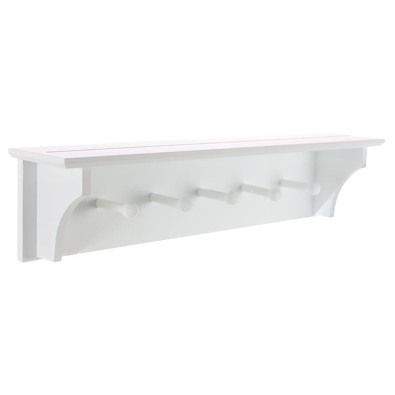Pemberly Row Traditional Foster Wall Shelf with 5 Pegs White Engineered