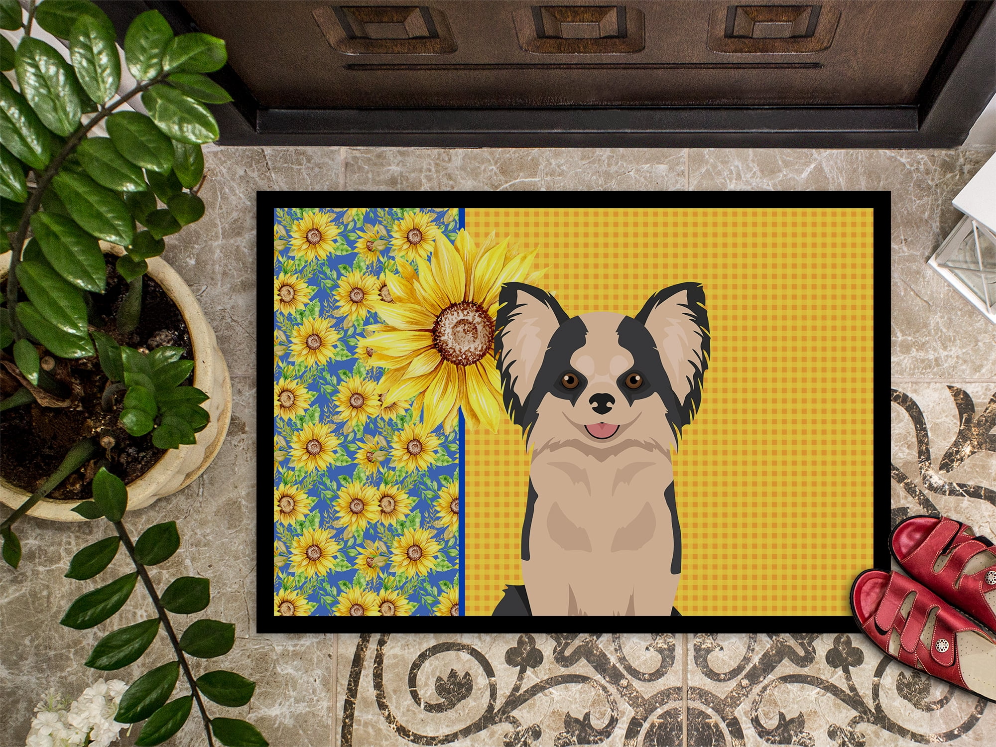 Summer Sunflowers Longhaired Black and White #2 Chihuahua Indoor or Outdoor Mat 24x36 36 in x 24 in