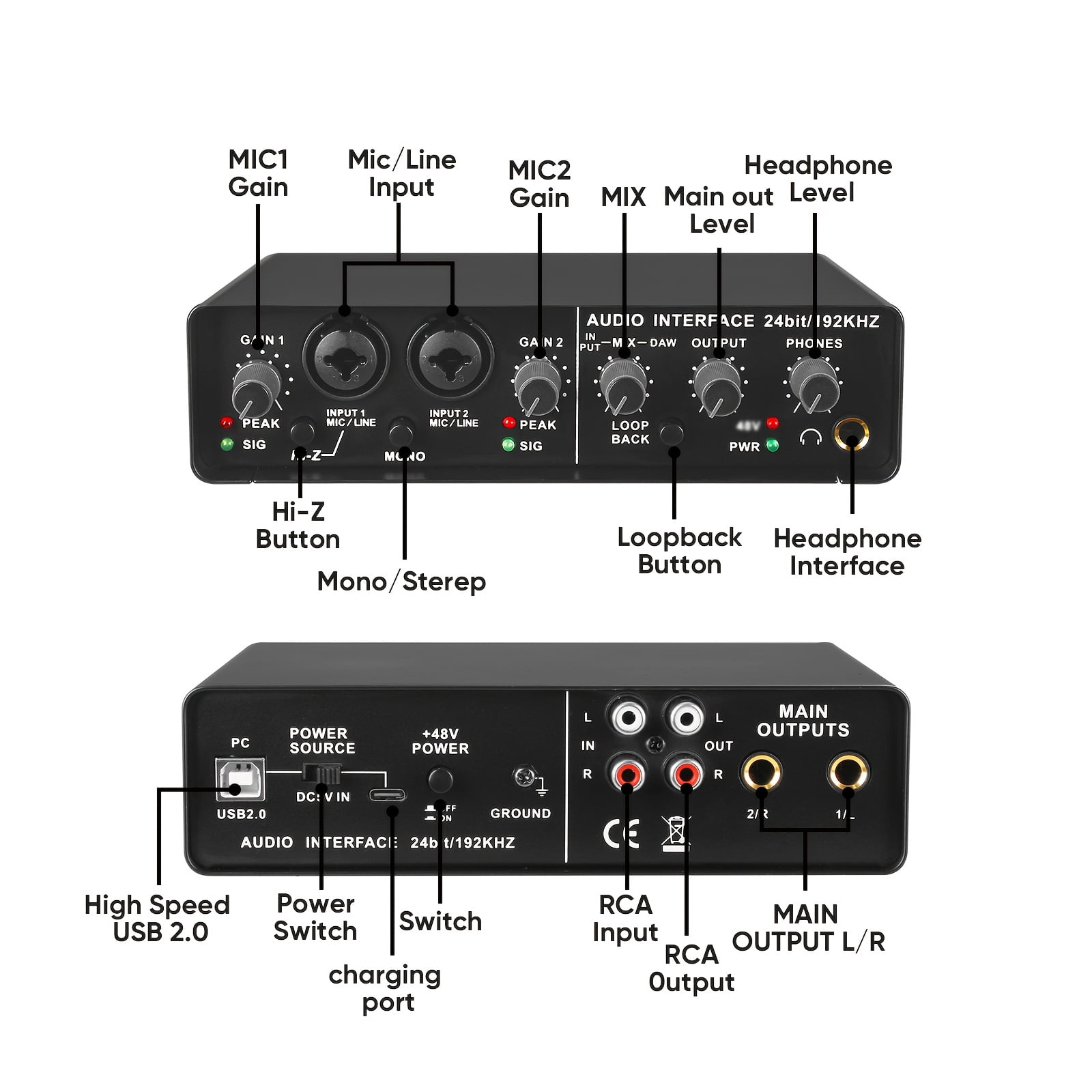 2-Channel USB Audio Interface | 24-bit/192kHz, Low Latency, Dual 48V Phantom Power, Ultra-Low Noise, Studio-Grade Sound for Home Studios, Podcasts, Live Broadcasts |, Metal, USB Powered