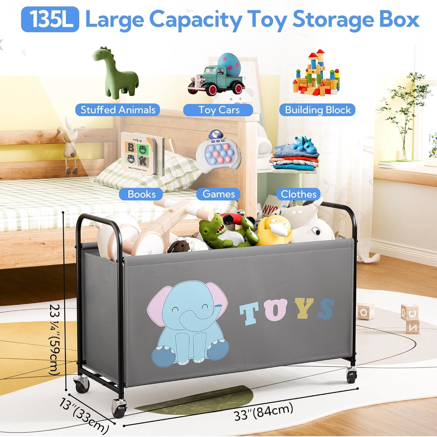 GRANNY SAYS Toy Storage Organizer, 135L Toy Chest with Locking Wheels, Kids Extra Large Toy Bins, Gray