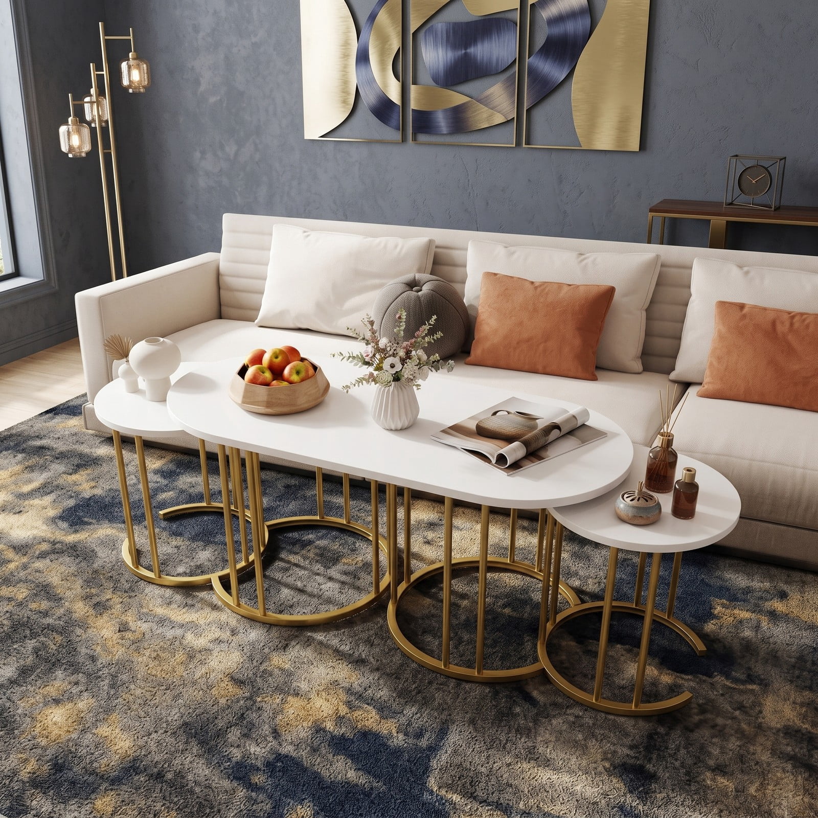 Furnibear Nesting Coffee Table Set of 3, Faux Marble Coffee Tables with Powder-Coated Gold Metal Frame, Modern Space-Saving Stackable End Side Tables for, White & Gold