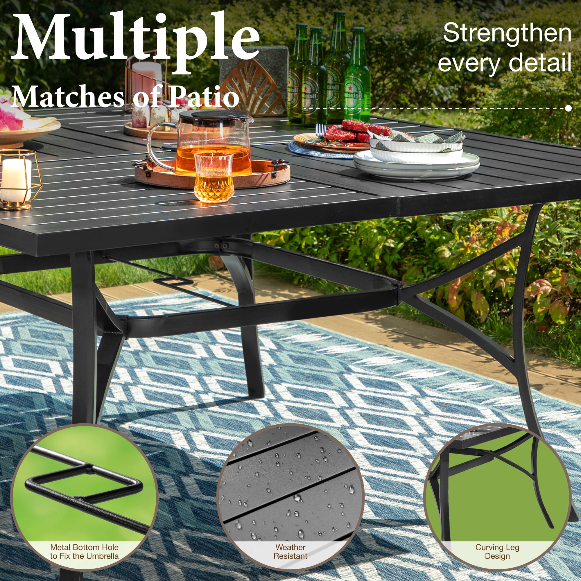 MF Studio Square Outdoor Patio Dining Table, Metal Patio Table with Umbrella Hole for 8, Black