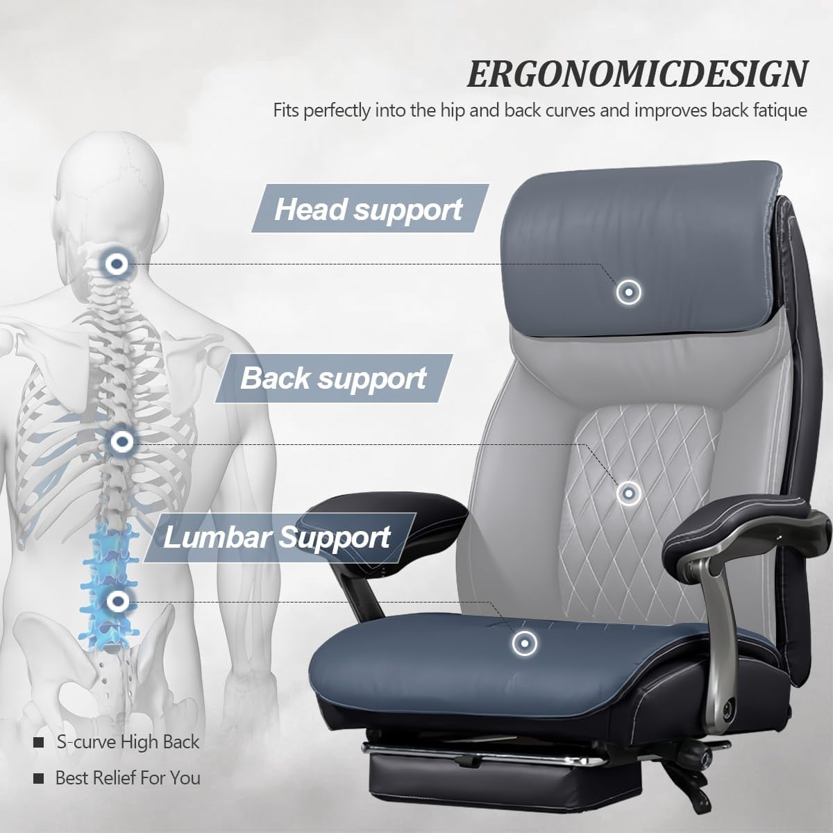 WXJHL Big and Tall Office Chair, Wide Seat Executive Office Chair with Lumbar Support and Headrest, 600 lbs Heavy-Duty Ergonomic Desk Chair, Luxury Leather Chair with Leg Rest,Black
