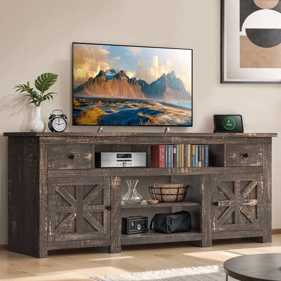 Uforic Farmhouse TV Stand for 75/80 Inch TV, Rustic Entertainment Center with Power Outlet, Storage Drawers, TV Console for Living Room, Oak