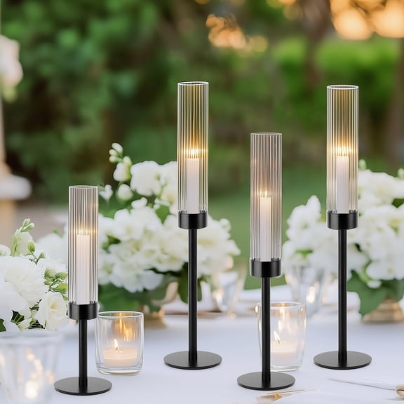 Black Hurricane Candle Holders, Set of 6 Glass Taper Candlestick Holders with Ribbed Glass Covers for Dining Tables, Wedding Centerpieces, and Decor