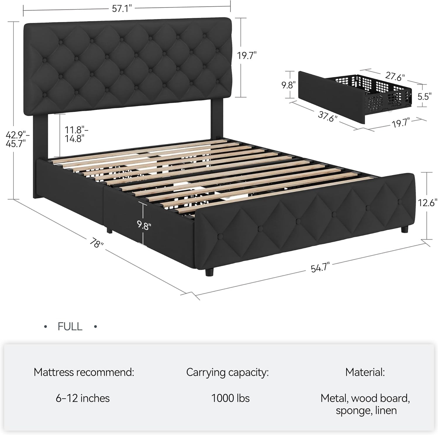 Full Bed Frame with Adjustable Headboard & 4 Storage Drawers, Button Design, No Box Spring, Noise-Free, Black
