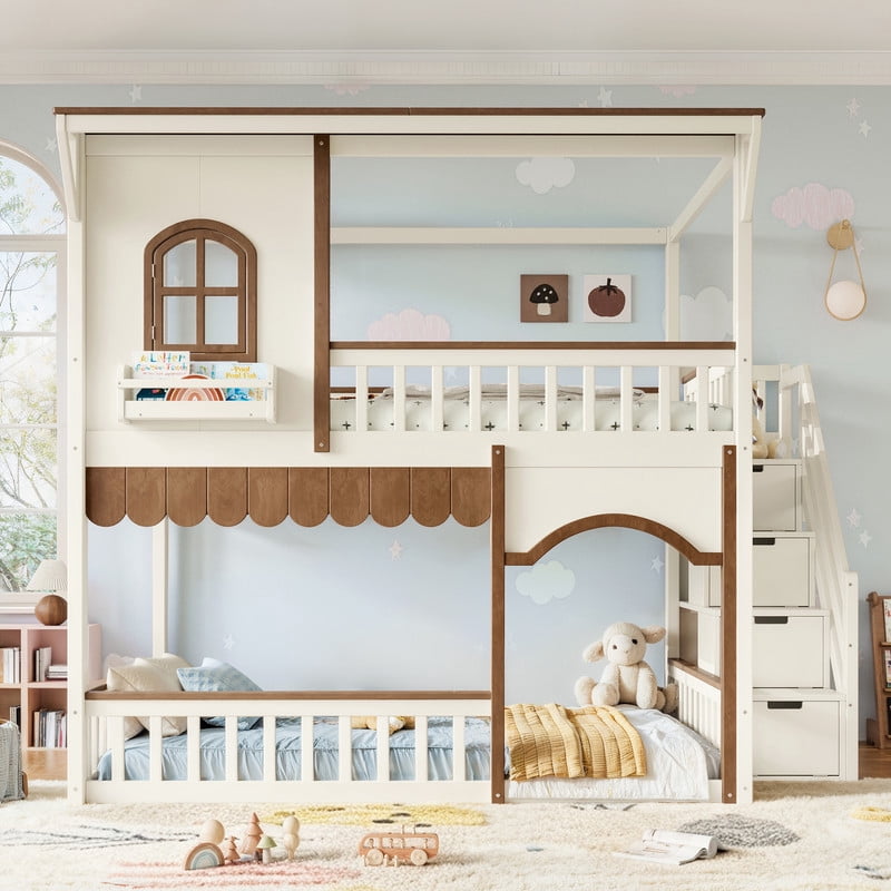 Full-Over-Full Wood Storage Bed Frame with Staircase & Small Bookshelf, Kids House Bunk Bed with Window, Eave & Door