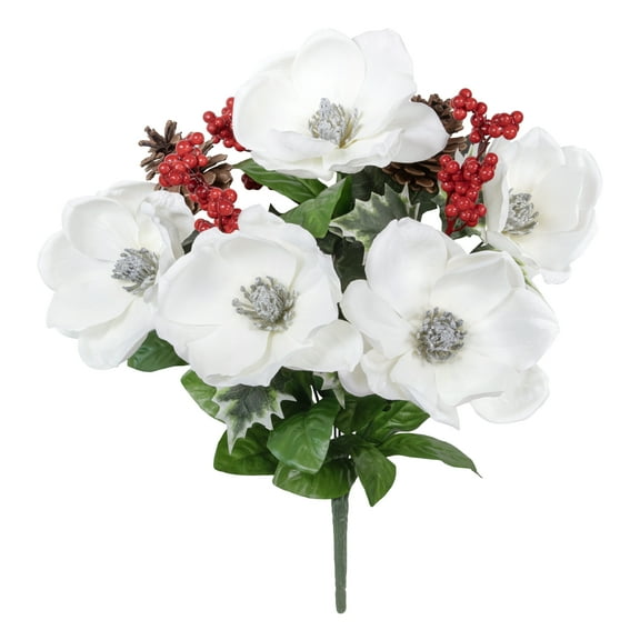 19-inch Artificial Silk White & Green Magnolia Mixed Holiday Bouquet, for Indoor Use, by Mainstays