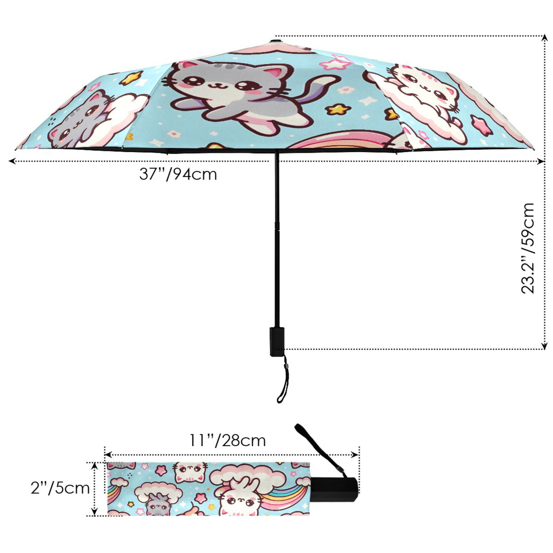 Cute Cats with Cloud Compact Sun Umbrella Windproof Travel Umbrellas for Rain Strong Portable UV Protection