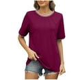 thumbnail image 2 of Sevevn Women's Fashion Casual Spring And Summer New Loose Thread Stitching Round Neck Short-Sleeved T-Shirt Top Wine L Gift for Girls, 2 of 9