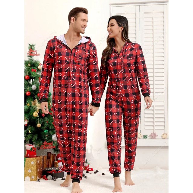 Pijamas de Navidad para adultos y hombres, ropa de dormir de una pieza a rayas con capucha y cremallera, disfraz de Papá Noel