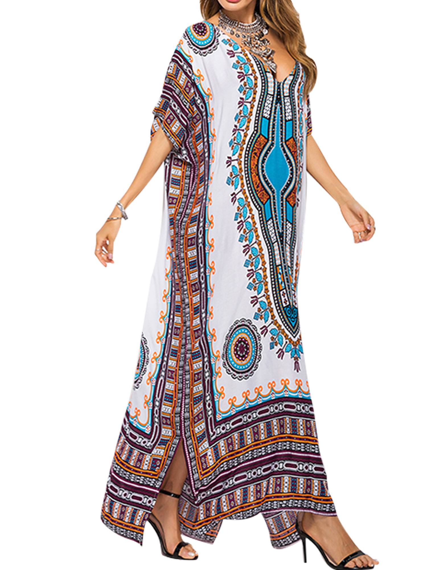 V-Neck Short Sleeve Boho Beach Dress 