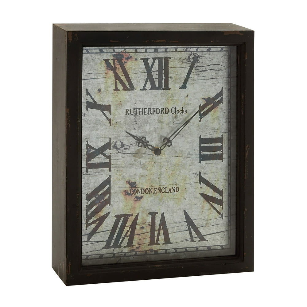 Rectangular Wooden Wall Clock with Roman Numeral Dial, Brown and White