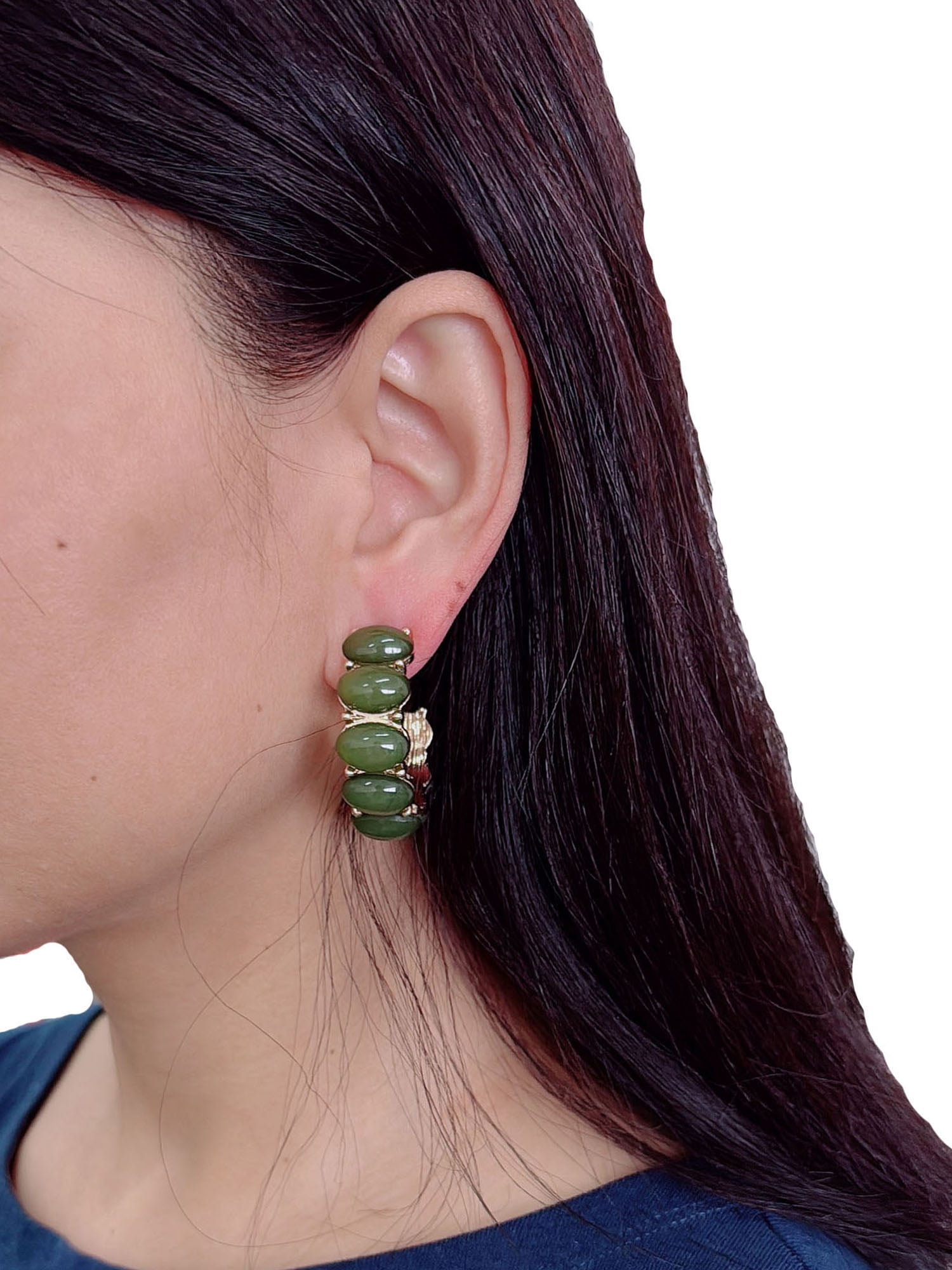 Time and Tru Cabochon C-Hoop Earrings Gold Plated and Green for Female Adults and Teens