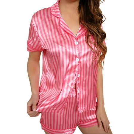 

UKAP Printed Pajamas Set for Women Short Sleeve Nightgowns Loungewear Button Down Sleepwear Lapel Neck Nightwear Home Wear Suit Pink M