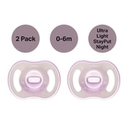 Tommee Tippee Ultra-light StayPut NightGlow Pacifier, 0-6 Months, 2 Pack, Soft Skin Feel, Extra Air Flow