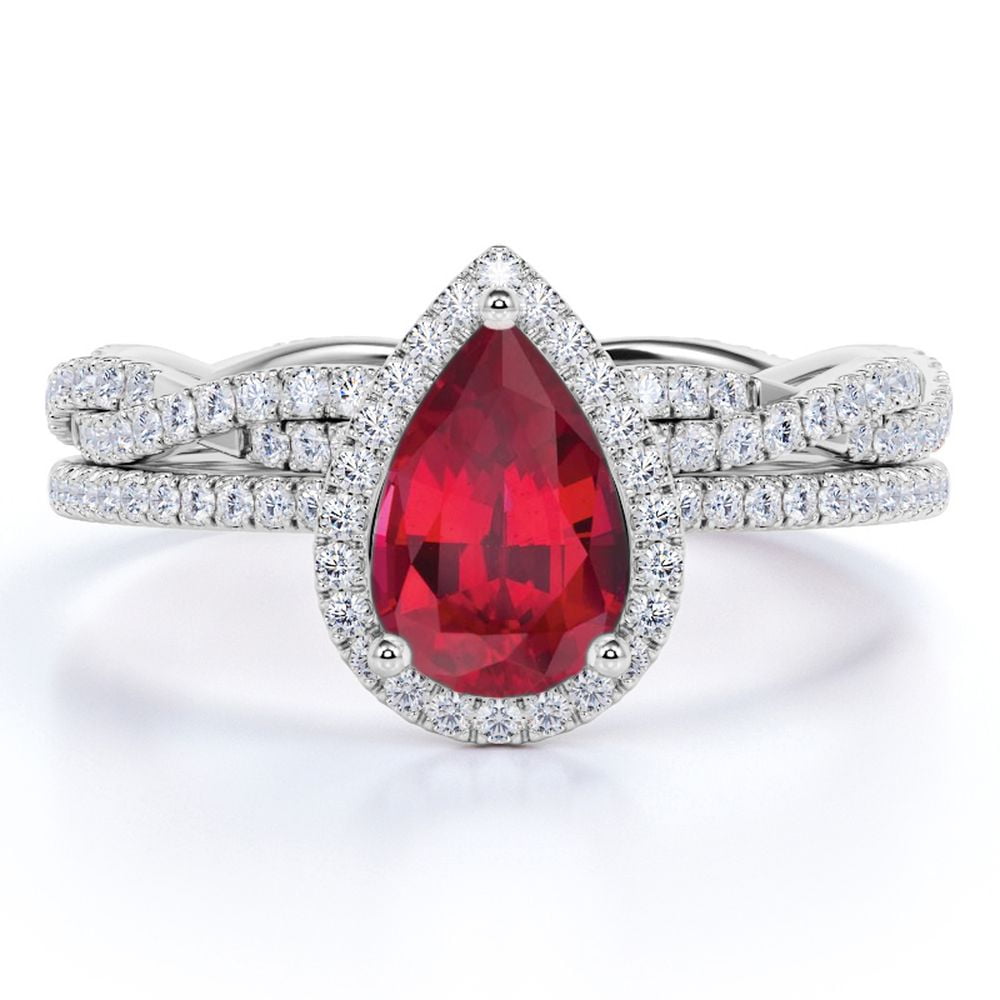 JeenMata 1.25 Carat Pear Shaped Sunset Lab Created Ruby Wedding Set - Vintage Ring - 18k White Gold over Silver