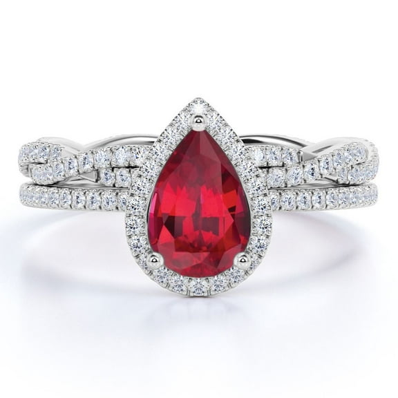 JeenMata 1.25 Carat Pear Shaped Sunset Lab Created Ruby Wedding Set - Vintage Ring - 18k White Gold over Silver