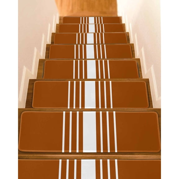 Burnt Orange White Stripe Stair Treads for Wooden Steps Indoor Runner Rug Carpet, Modern Rustic Vertical Striped 4 Pieces Peel and Stick Staircase Step Treads Covers Washable Throw Door Mats, 30"x8"