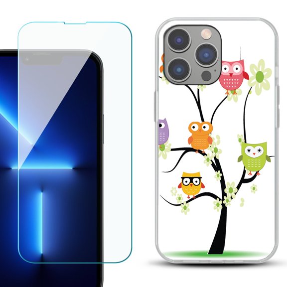 Slim-Fit Gel TPU Phone Case for iPhone 14 Pro Max, with Tempered Glass Screen Protector, by OneToughShield ® - Tree Owl