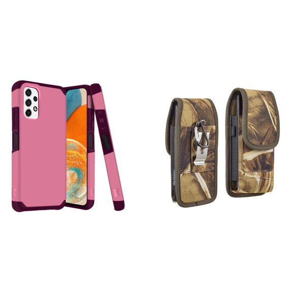 MK Armor Case for Samsung Galaxy A23 5G and Belt Holster Pouch (Pink Wine/Camo)