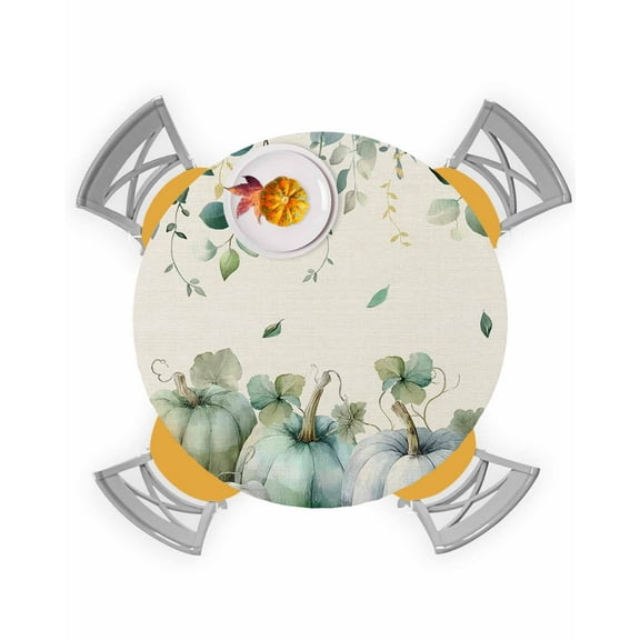 Round Fitted Tablecloths with Elastic Edge Watercolor Thanksgiving Green Pumpkins Oil-Proof Waterproof Wipeable Table Cover for Kitchen Dining Party Decor Fall Leaf on Top Table Clothes,36" - 44"
