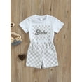 thumbnail image 3 of Franhais Girls 2Pcs Checkerboard Print Outfits, Short Sleeve Round Neck Letter Printed T-Shirt + Elastic Waist Loose Fit Short Pants, 3 of 9