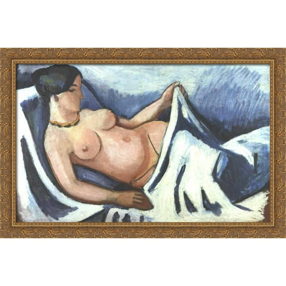 Reclining female nude 40x26 Large Gold Ornate Wood Framed Canvas Art by August Macke
