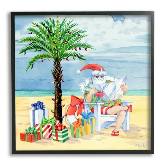 Stupell Industries Santa Claus on Beach Holiday Painting Black Framed Art Print Wall Art, 12 x 12