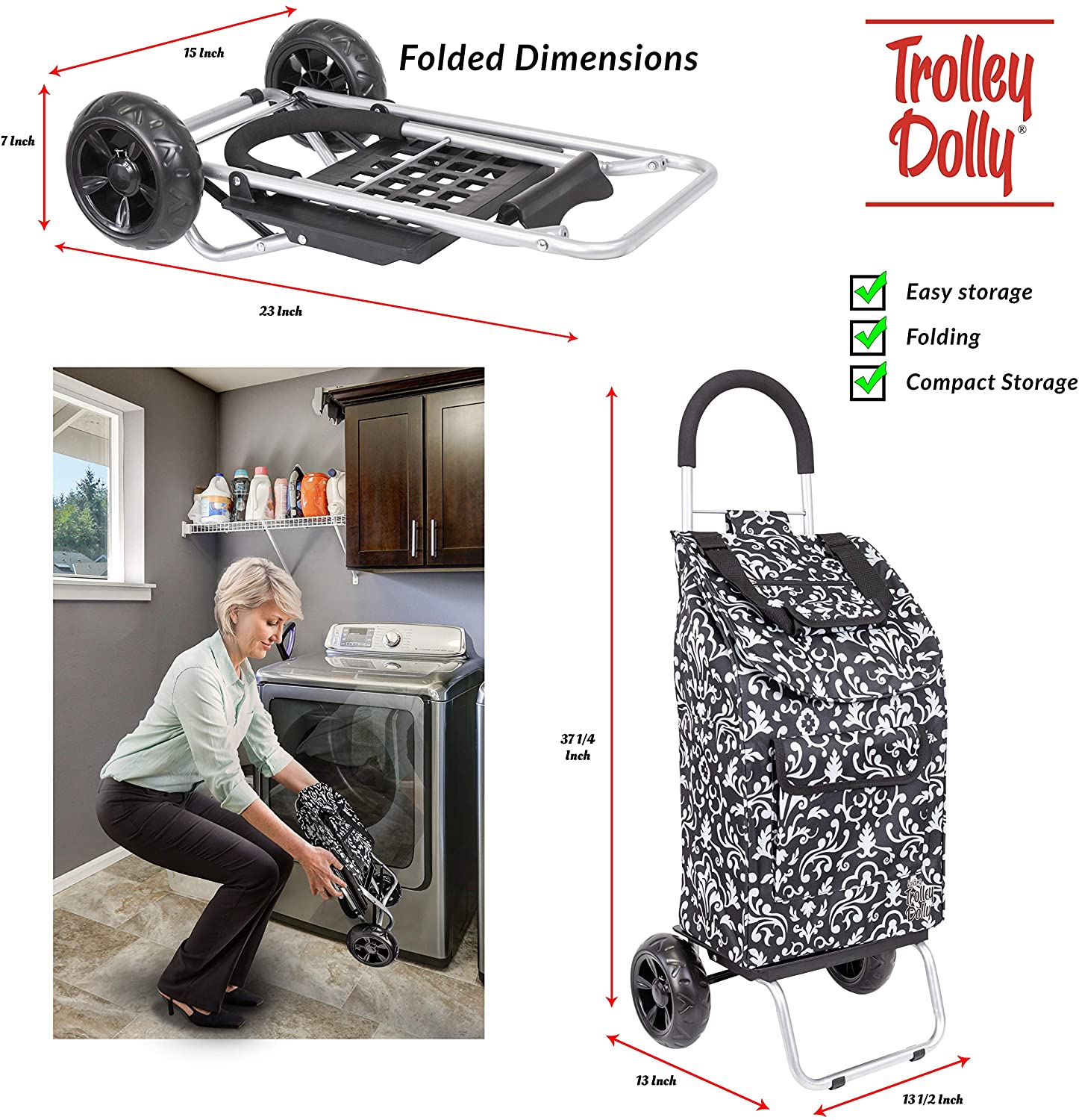 Trolley Dolly, Foldable Shopping cart for Groceries with Wheels, Removable Bag and Rolling Personal Handtruck, Damask