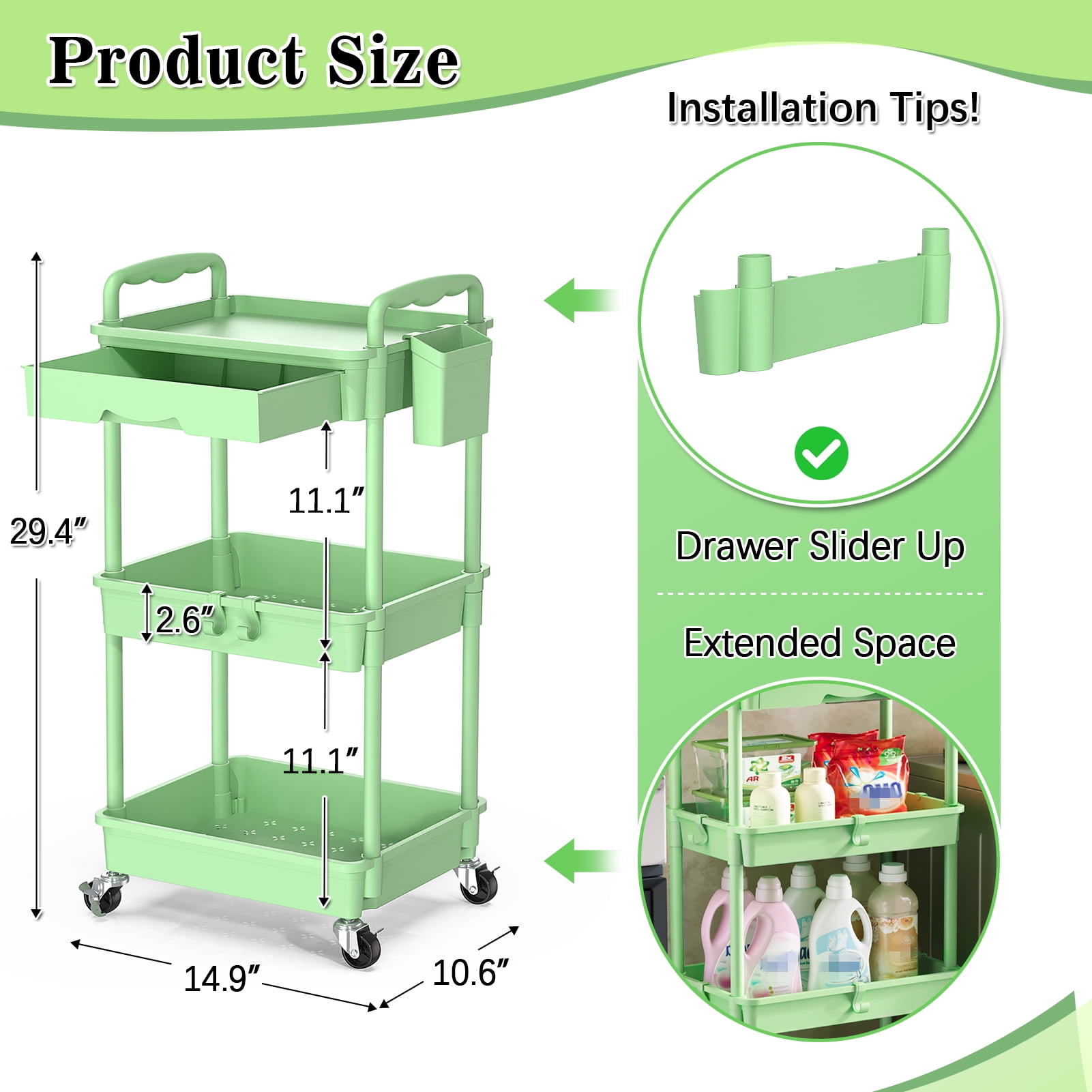 3 Tier Rolling Utility Cart with Removable Drawer, Bathroom Storage Organizer with 2 Lockable Wheels, Mobile Shelving Unit for Kitchen, Office, Snack, Craft, Makeup, Baby Essentials, Green