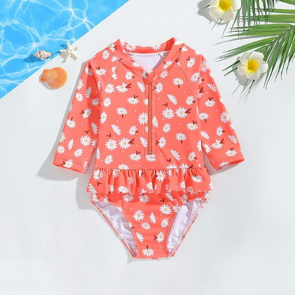 Piuwrlz Children's Hawaiian Beach Swimwear for Girls Long Sleeved Swimsuits Sets One Piece Swimming Suit Printed Ruffle Long Sleeves Bikinis Orange Size 2 Years