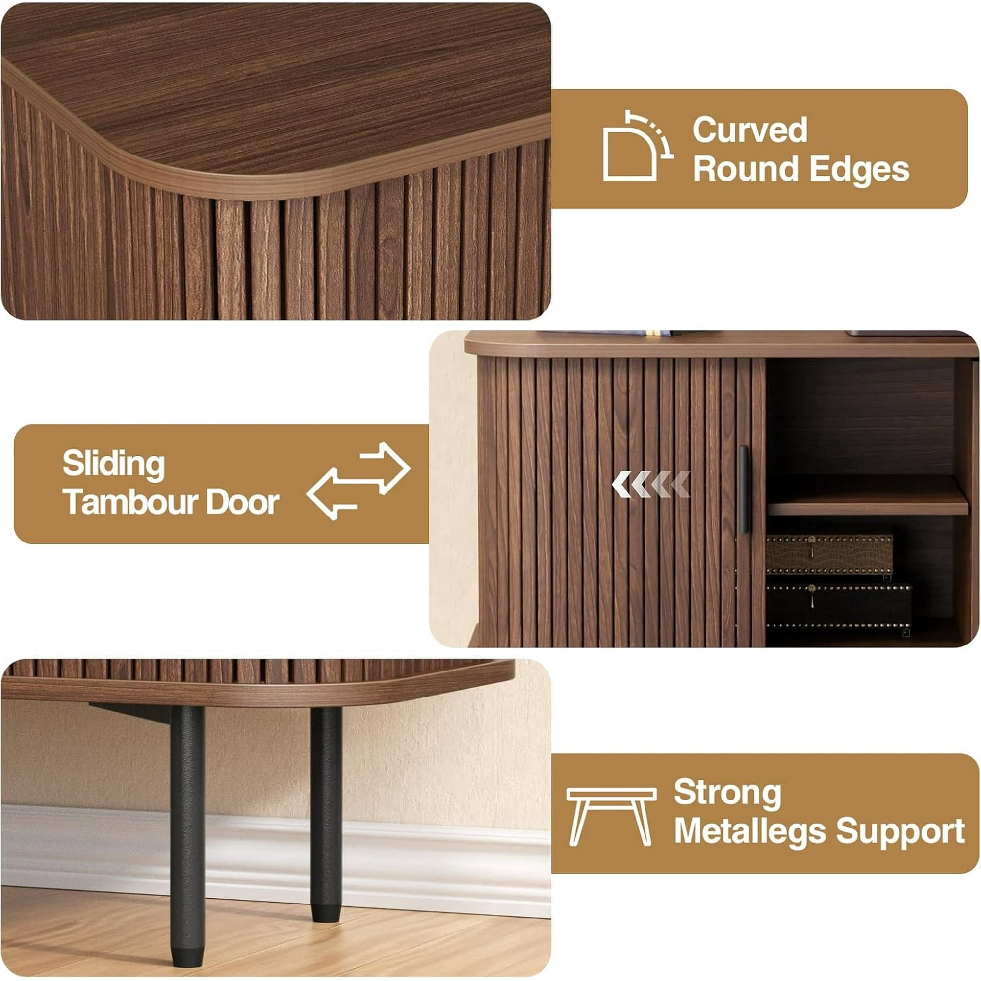 VEANERWOOD Fluted 55" TV Stand for TVs Up To 65", Console Table Credenza with Tambour Slatted Sliding Doors and Storage Shelves, Wood Entertainment Cente