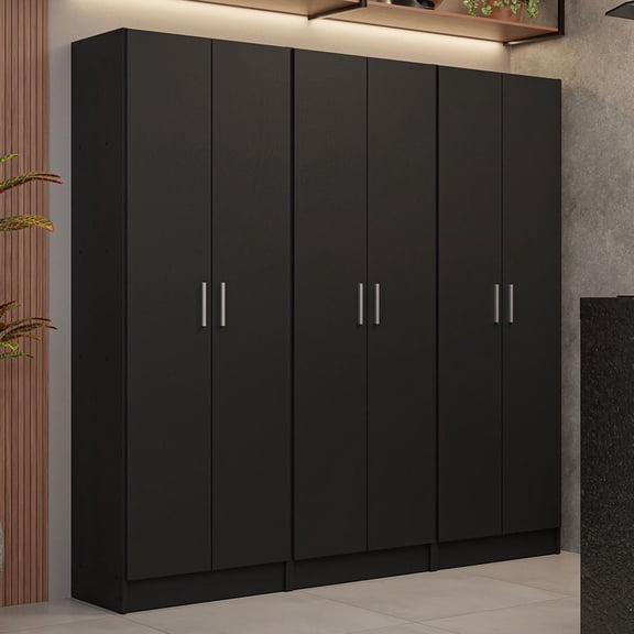 Madesa Kitchen Set 3 Pantry Storage Cabinet with 15 Utility Shelves 71"L Wooden Organization Unit for Kitchen - Black