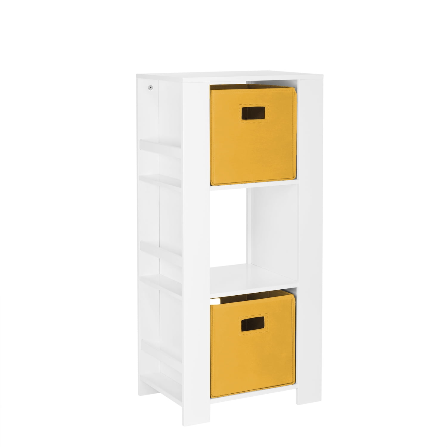 RiverRidge Kids Bookshelf Toy Organizer Tower with 3 Cubbies 6 Bookracks and 2 Yellow Bins