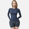 thumbnail image 2 of Women's Long Sleeve Fitted Crew Neck Top with Thumbhole Cuffs and Seam Detailing - X Large, Navy, 2 of 7