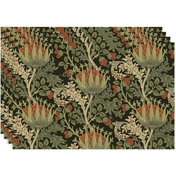 Vintage Boho Florals Placemats Set of 4, Retro Botanical Plant Foliage Place Mats, Heat Resistant Non Slip Cotton Linen Dining Table Mats for Home Kitchen Party 18x12 Inch