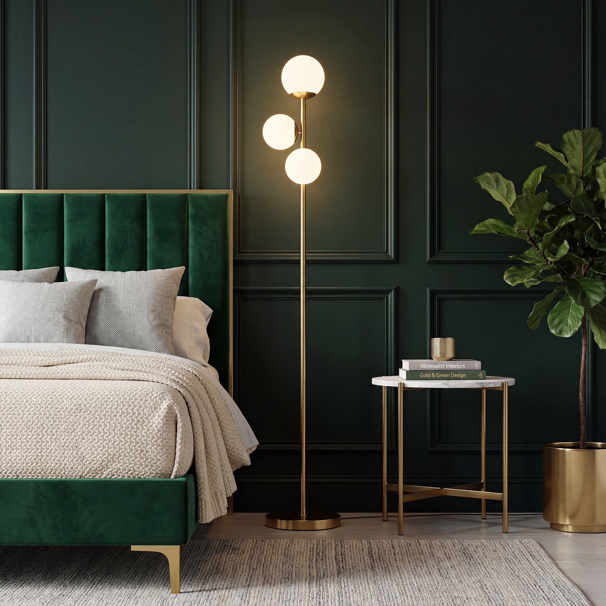 65.7in Gold 3-Light Globe Floor Lamp Modern Standing Tree Lamp with Frosted Glass Shades & Foot Switch for Living Room Bedroom